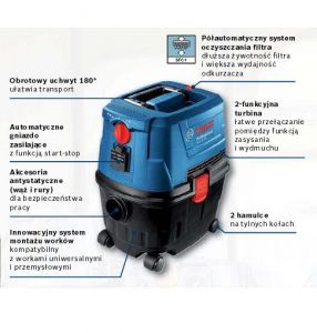 BOSCH ODKURZACZ 1100W 15L, GAS 15 PS, AUTOMATYCZNE GNIAZO ZASILAJĄCE