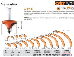 CMT FREZ ZAOKRĄGLAJĄCY Z ŁOŻYSKIEM HM R=16 D=44,5 I=22 S=12,7