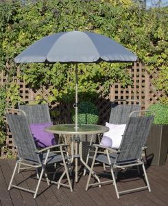 ZESTAW MEBLI OGRODOWYCH METALOWYCH SORRENTO 6 ELEMENTÓW STÓŁ, 4 KRZESŁA, PARASOL